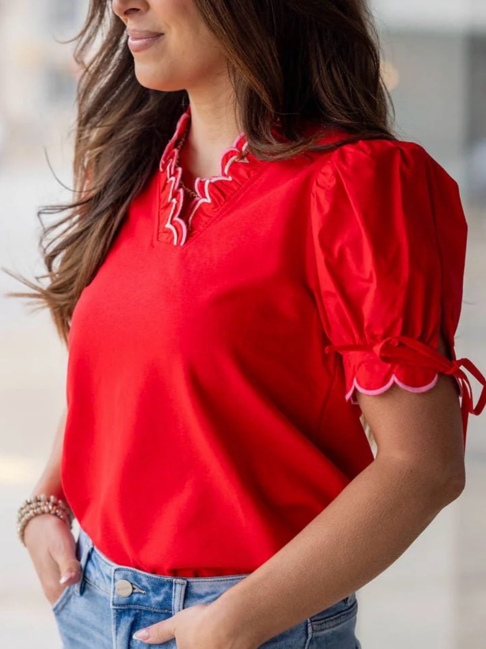Red Scallop Sleeve Women's Blouse